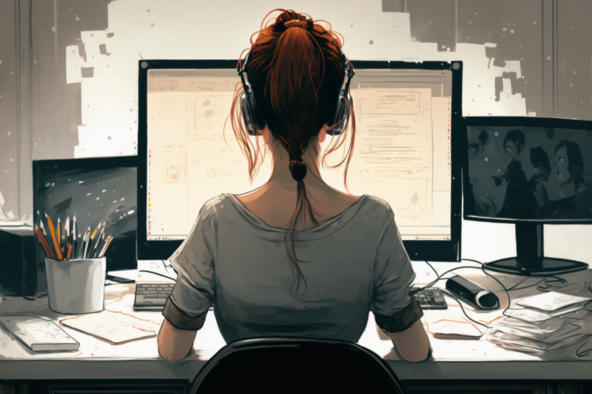 A woman from behind, sitting at her desk, watching at a monitor.