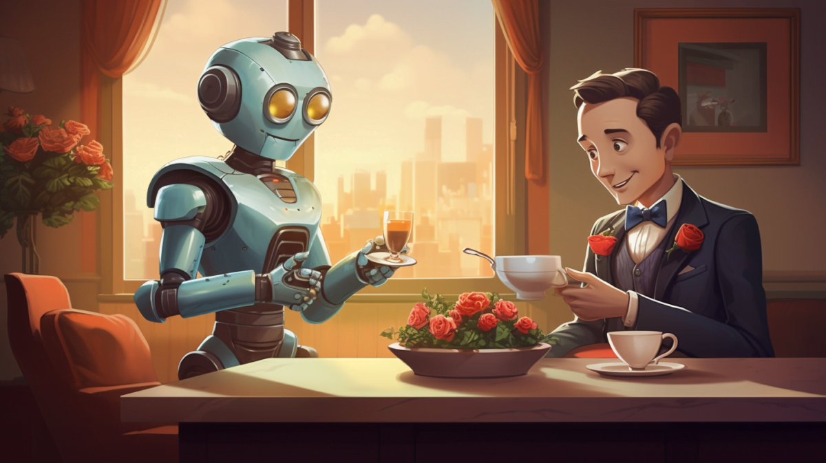 A cute AI-generated cartoon illustration of a robot butler serving a glass of tea to his master.