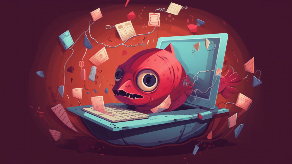 Cute AI illustration of a red fish peeking out of a laptop screen.
