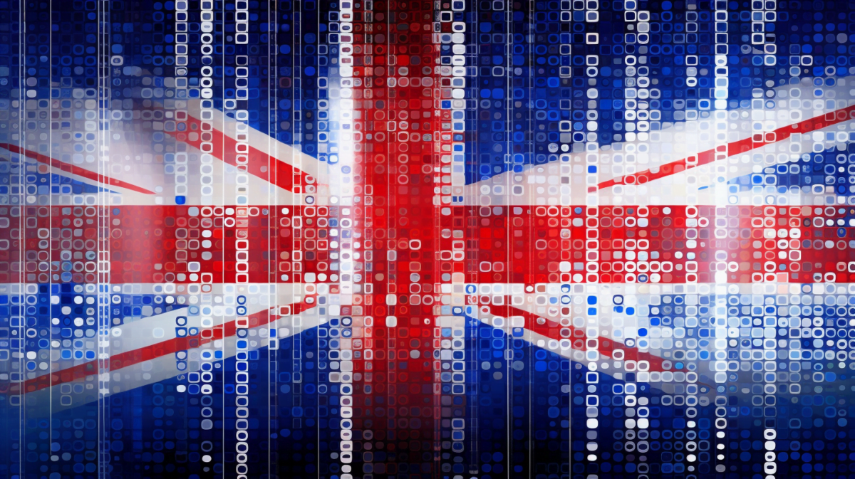 The UK flag in an abstract art visualization in a data stream, fragmented, AI art