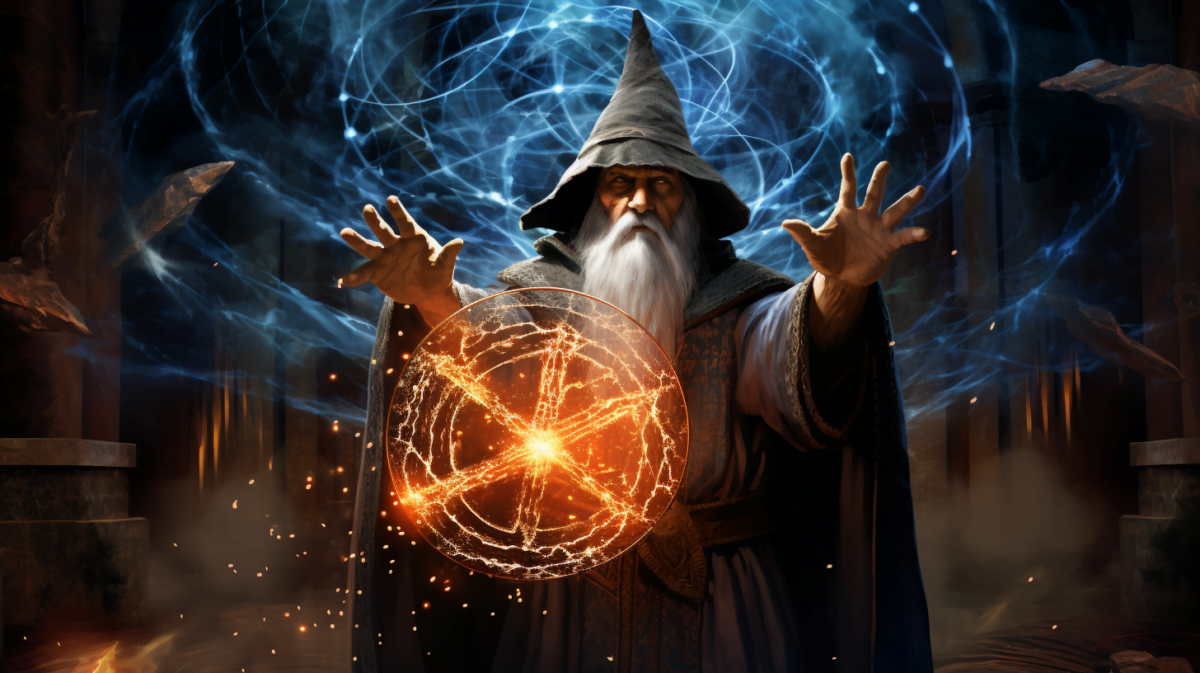 Wizard who conjures a wall of fire in the style of Dungeons & Dragons.