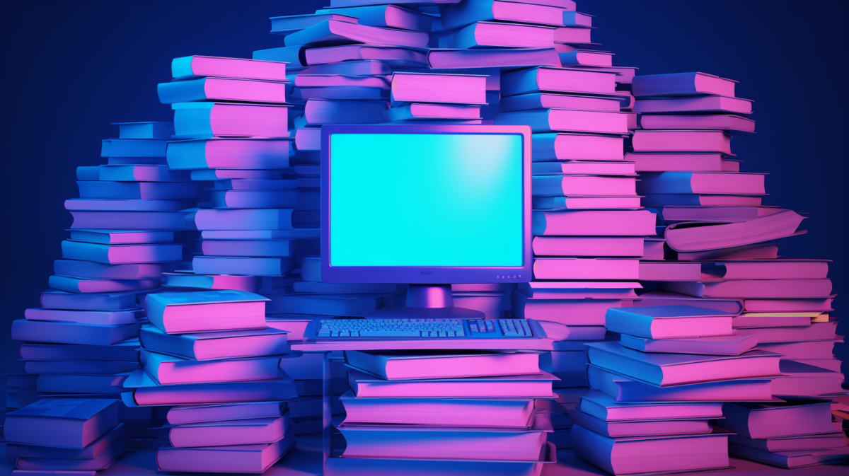 A computer on a stack of books.