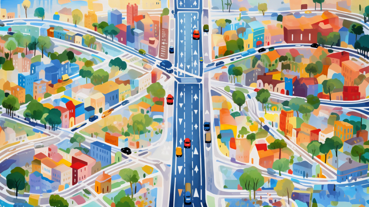 AI illustration of a landscape with many busy roads from bird's eye view.
