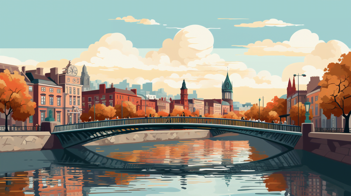 AI illustration of a postcard view of Dublin, Ha'penny Bridge.