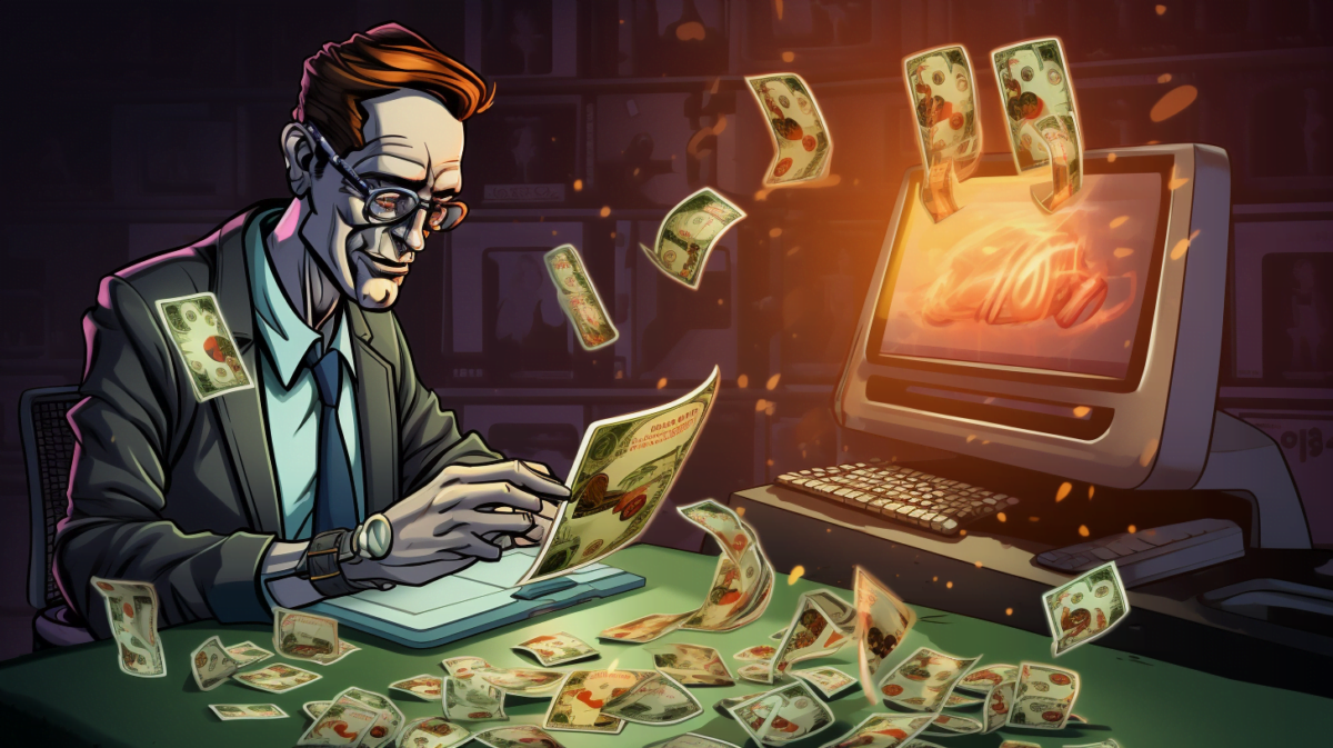 AI illustration of a person at the computer on the left side of the image, banknotes flying into the monitor.