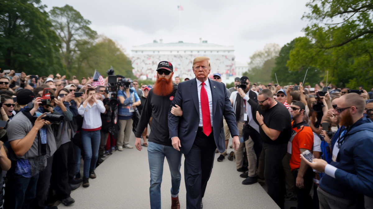 An AI-faked photo of a red-bearded guy next to Donald Trump.