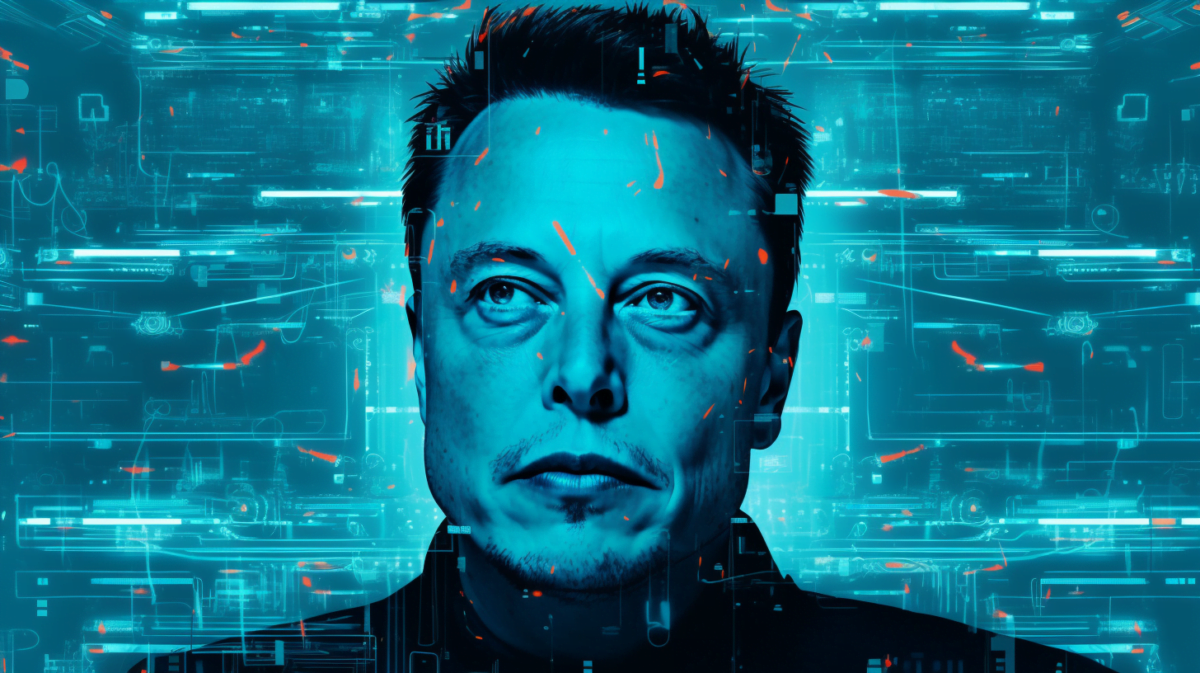 AI-generated portrait of Elon Musk, illustration in a data stream.