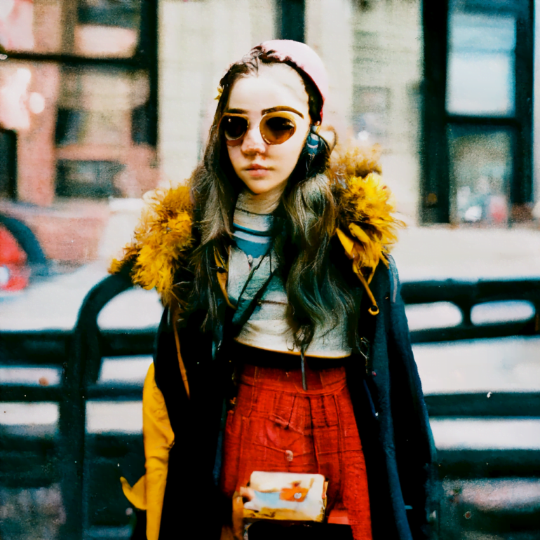 streetstyle of a young woman in new york, shot on kodak gold 200