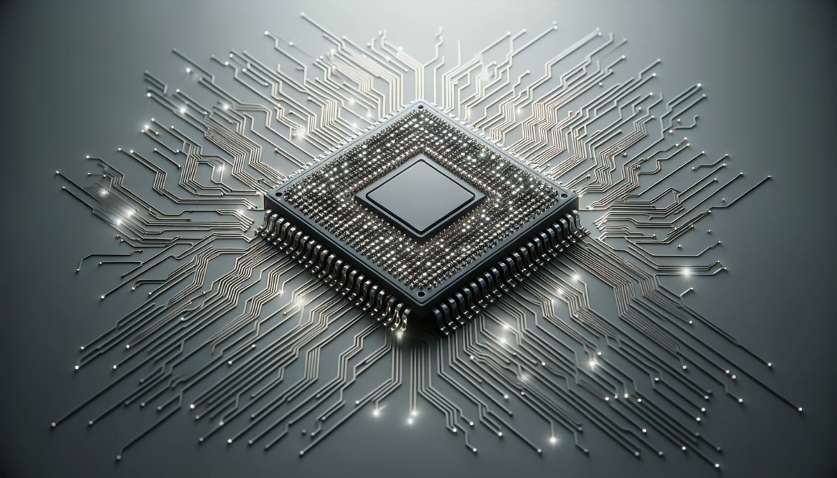 Full-screen depiction of a sophisticated computer chip. The chip's surface is covered with meticulous circuit designs, all hinting at its AI inference capabilities. The background is a muted gray, and the chip's circuits radiate a gentle glow, providing a sense of calm and precision.
