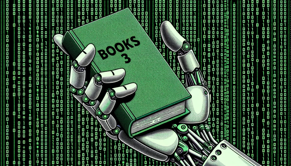 Widescreen art piece that fuses retro and modern aesthetics. The background is blanketed with halftone dots, reminiscent of classic comic books. A robotic hand, constructed from green matrix-style binary code, holds a book labeled 'Books 3'. The book stands out with its cross-hatch shading technique. The scene is dominated by shades of green, with clear and sharp lines, bridging traditional print and digital art forms.