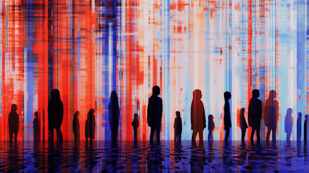 shilouettes of children in a artificial intelligence data stream in a glitch style aesthetic