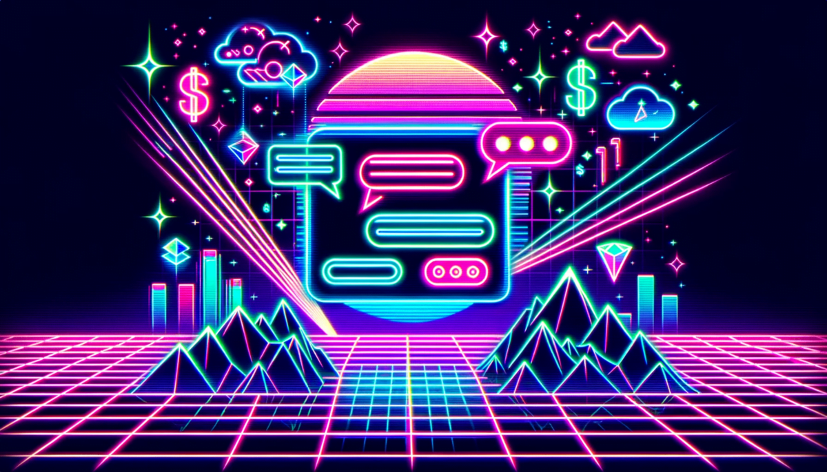 Synthwave aesthetic graphic of a glowing chat interface, immersed in neon hues against a grid backdrop. Retro-futuristic elements like laser beams, digital mountains, and floating neon dollar signs emphasize the theme of 'making money' through digital communication.