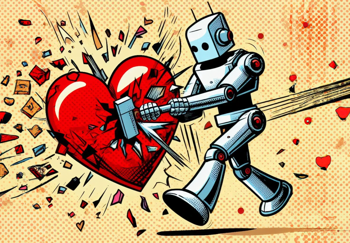 A robot smashes a heart with a hammer, comic style