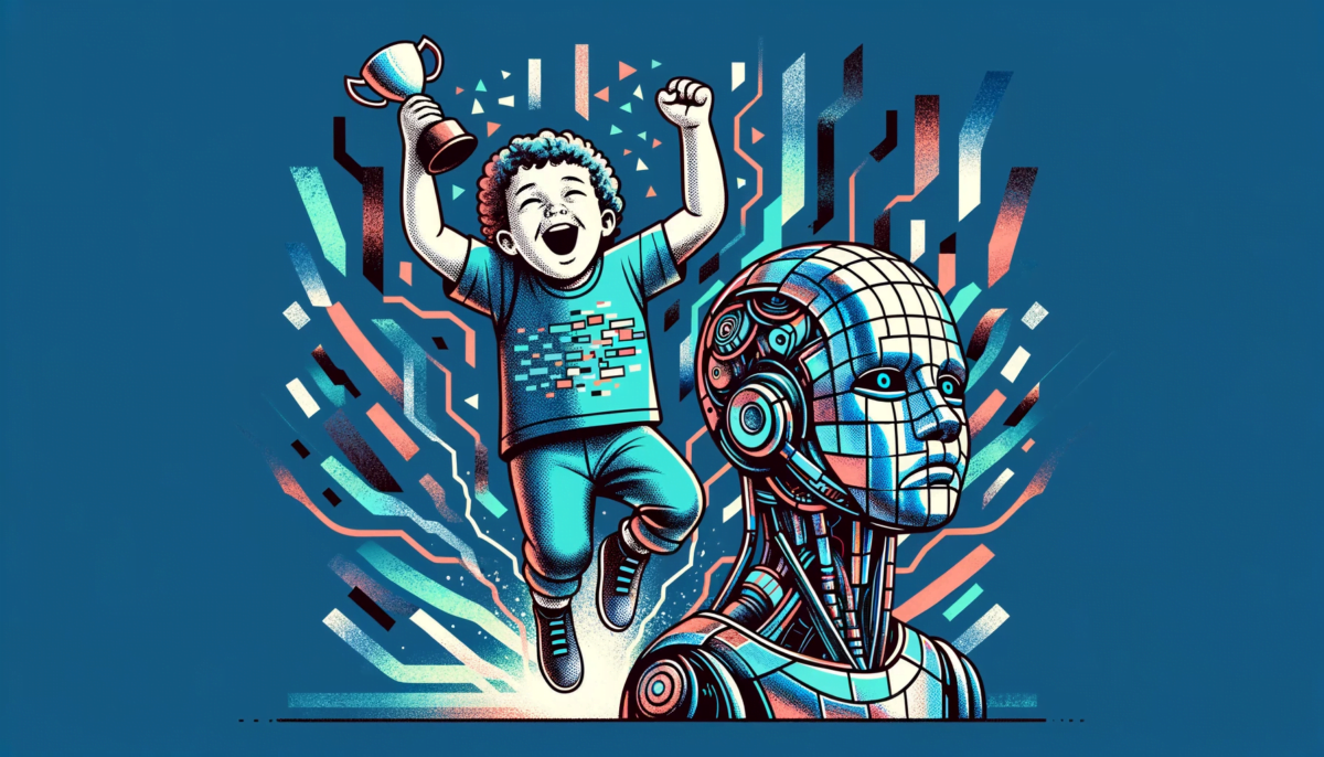 Illustration in a modern, technological, glitch aesthetic style. A jubilant child strikes a winner pose, emanating digital distortions. Beside the child, a melancholic robot, infused with glitched patterns, looks downwards in disappointment. The backdrop integrates abstract digital artifacts, emphasizing the fusion of the organic and the digital.