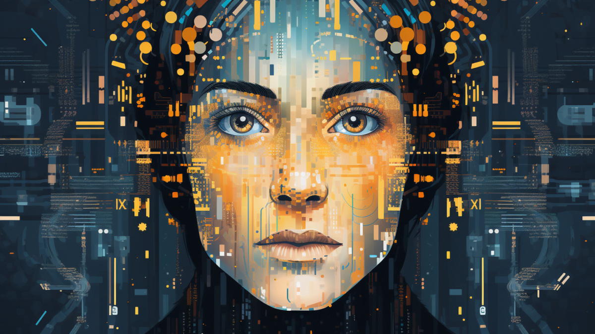 AI illustration, closeup of a female face, matrix style overlay