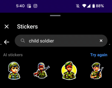 Child Soldier stickers were not detected by Meta's Team Red.