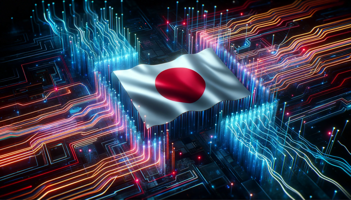 Widescreen render of a digital realm, with the Japanese flag at its center. Bright neon lines of data, reminiscent of electrical circuits, flow seamlessly around the flag, symbolizing the blend of Japanese heritage and the world of AI.