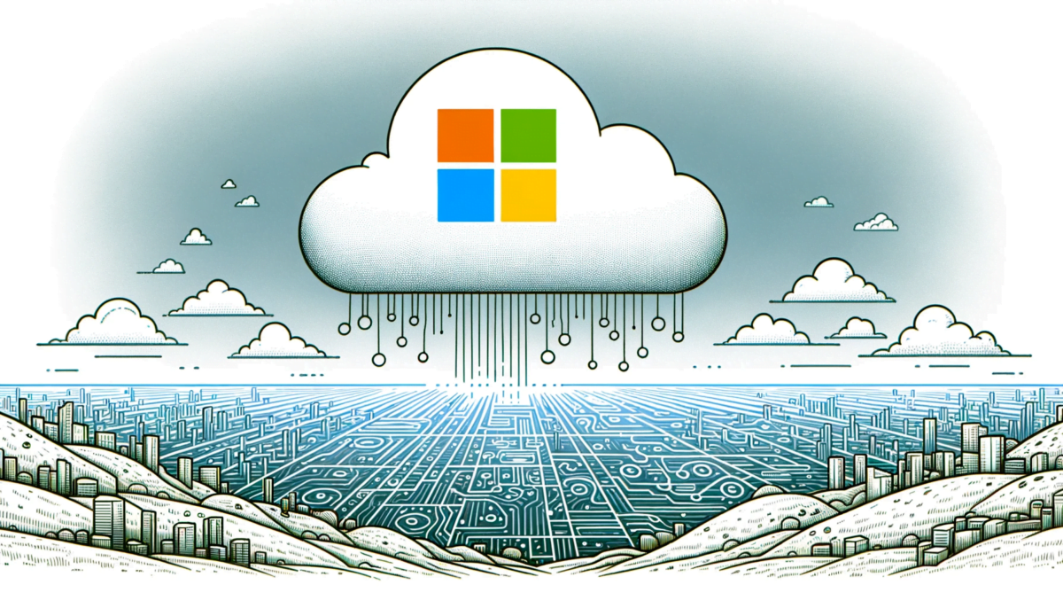 Wide, hand-drawn style illustration where the Microsoft logo floats atop a gentle cloud. Beneath, a sparse digital landscape stretches out, with hints of AI infrastructure. The artwork is reminiscent of 'The Verge', emphasizing a clean and artistic approach.