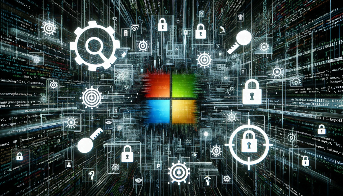 The Microsoft logo surrounded by typical cybersecurity symbols.