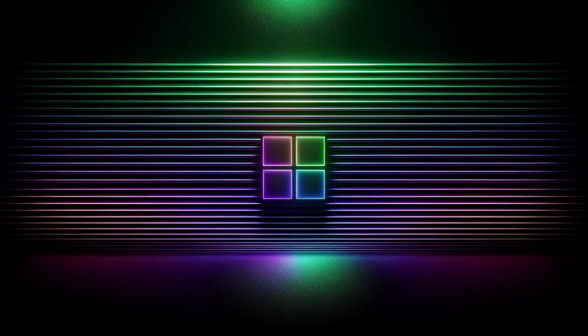 Widescreen illustration displaying only the Microsoft symbol prominently against a backdrop defined purely by horizontal stripes. These stripes, in gradient hues of green, purple, and black, maintain a strict horizontal orientation without any vertical deviations. The ambiance is dark and intense, with the stripes reflecting a shimmering or metallic character. The neon-like brilliance from the background emphasizes the gradient transitions, complemented by the grainy texture of the stripes.