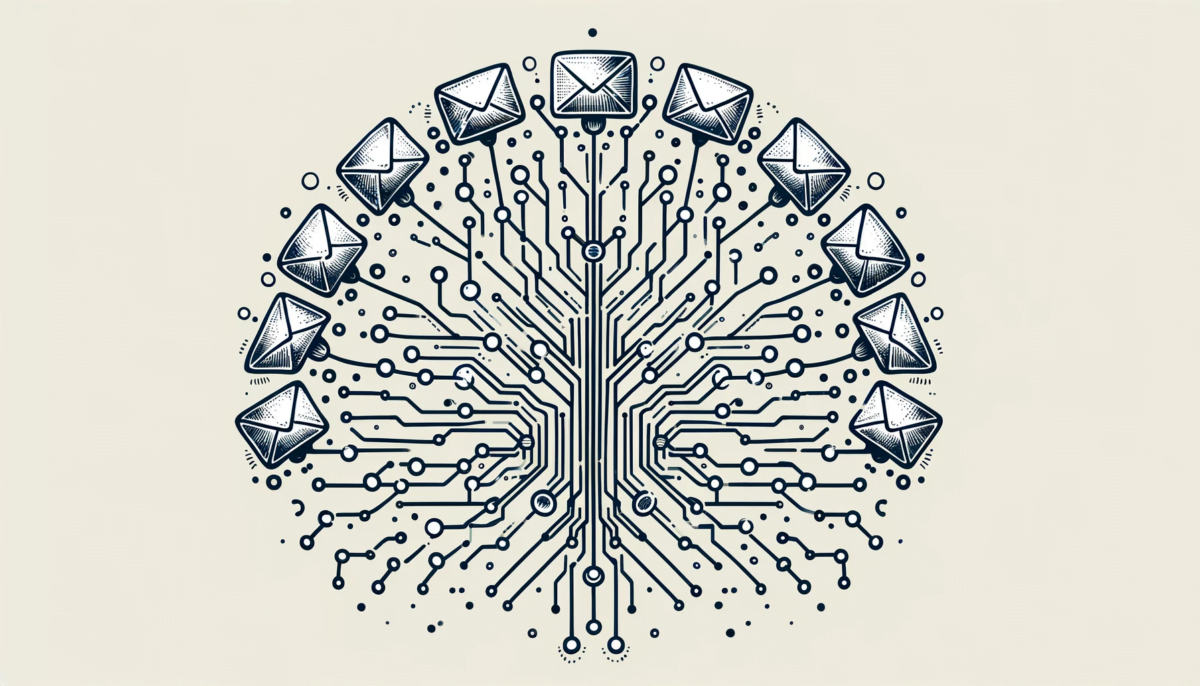 Hand-drawn illustration, sleek and clean in design: A simplified representation of a machine neural network, with nodes and connections forming a brain-like structure. From this abstract network, multiple envelopes emanate, each with a subtle digital glow, implying they are AI-generated emails.