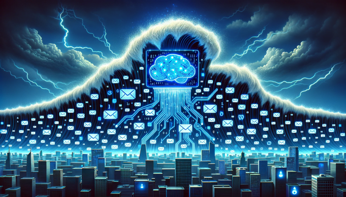 Widescreen illustration maintaining the overall motif of a massive wave of e-mails crashing towards a city skyline. The e-mails in the wave have phishing hooks and now also incorporate distinct AI symbols like neural network patterns, binary code, and glowing AI icons. The forefront silhouette of an AI chip powering the wave is even more pronounced, with electric blue circuits glowing brightly, emphasizing the AI's role in generating the phishing onslaught.
