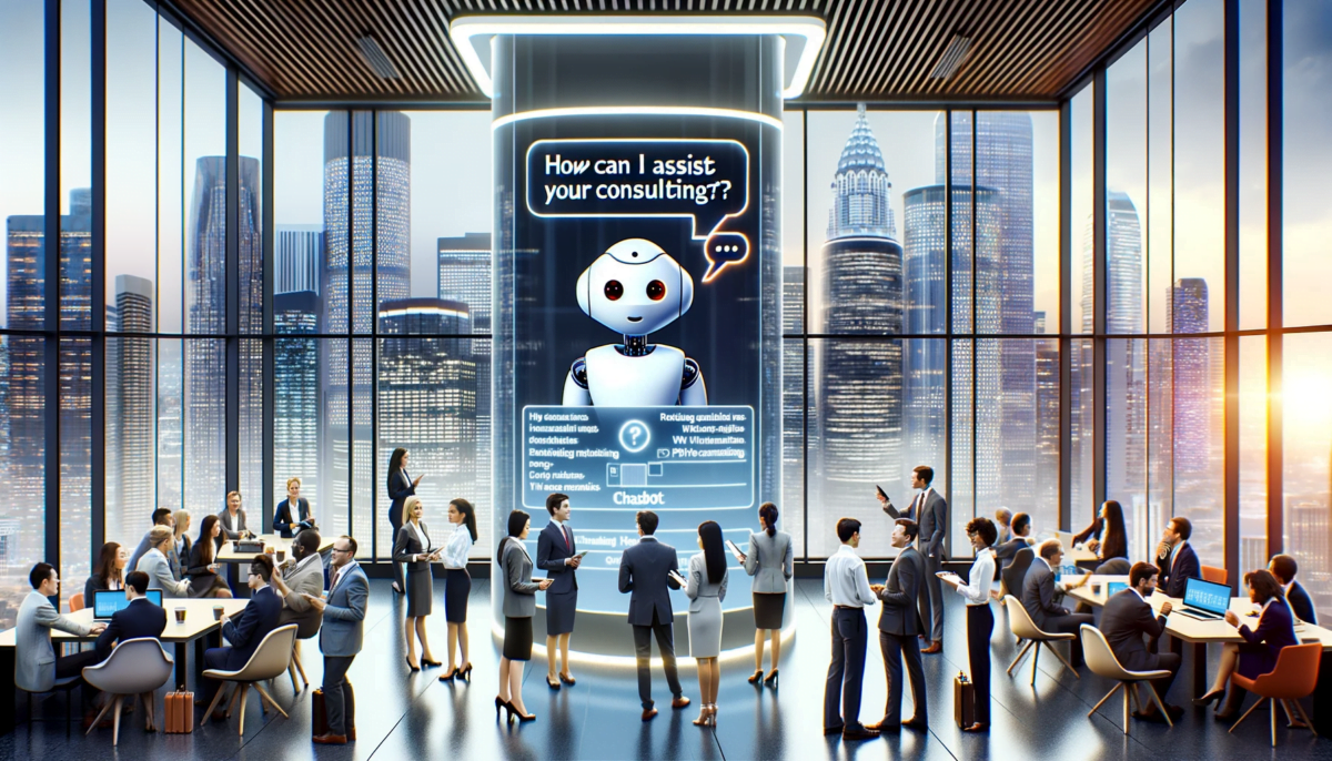 Illustration of a sleek, modern office with large glass windows overlooking a bustling cityscape. In the foreground, a prominent PwC logo is displayed on a wall. Below the logo, a large digital screen displays a chatbot interface with a friendly robotic avatar. A speech bubble from the chatbot reads 'How can I assist with your consulting needs?'. Surrounding the screen, diverse professionals in business attire, including men and women of various ethnicities, are observing and discussing the new tool. Some hold tablets and laptops, interacting with the chatbot. A sense of excitement fills the room. Overhead banners proclaim 'Innovation at PwC' and 'Revolutionizing Consulting'.