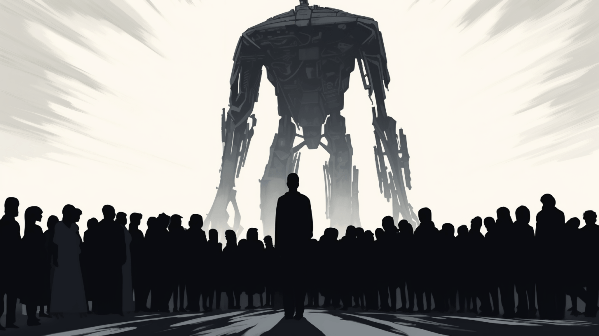 A shadow of a giant robot falls on a very frightening very large group of people, handdrawn illustration in the style of The Verge, very clean, sleek, modern, in widescreen