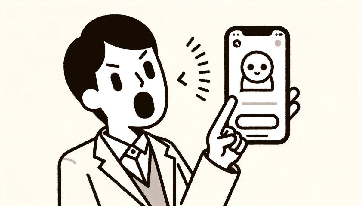 Simple and clean drawing of a user with an expressive face, directing their voice towards a smartphone that has a chatbot notification. The background is kept plain, focusing on the main subject.