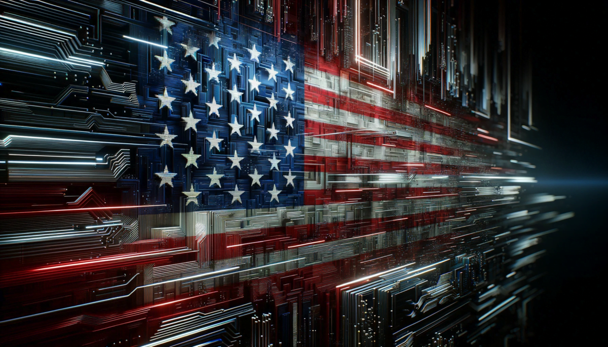Photo of a dense digital data stream flowing horizontally across the widescreen format. Within the stream, subtle hints of the US flag's stripes and stars are seamlessly integrated. The entire visualization leans heavily on a technological aesthetic, with sharp binary patterns, circuit designs, and less saturated colors. The US flag's presence is understated, making it a part of the overall data rather than standing out.