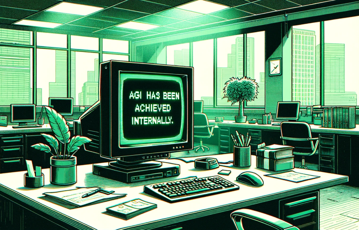 A hand-drawn, glitch aesthetic illustration of an old monitor in a greenish-toned office space, with correct spelling on the screen. The monitor sits on a desk, illuminated by fluorescent office lighting that gives a green tint to the scene. The screen of the monitor accurately displays the words: "AGI has been achieved internally." The office setting includes typical items like a keyboard, mouse, and papers, along with office chairs and a potted plant. A window in the background shows a cityscape. The overall atmosphere is less gloomy but maintains a focus on the old monitor with its significant message.