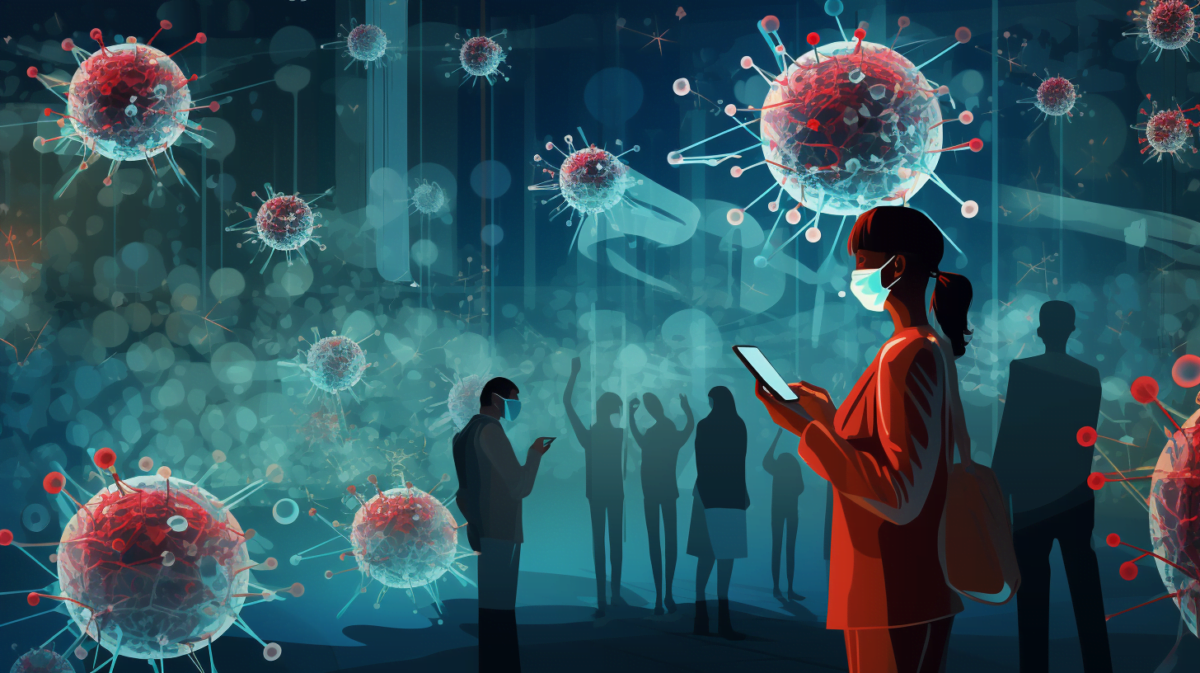AI illustration, several people can be seen, oversized viruses around them.