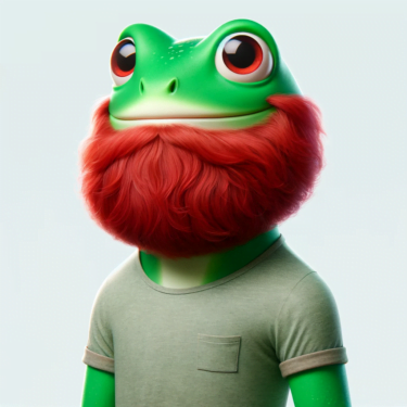 An anthropomorphic frog character with a distinct red beard. The frog has a cartoonish, friendly appearance, standing upright with a slight smile. Its skin is a bright green, and the red beard is well-groomed and prominent. The character is wearing a simple, casual outfit, like a t-shirt and jeans, and is posed in a relaxed, welcoming manner. The background is a simple, unobtrusive color to keep the focus on the character.