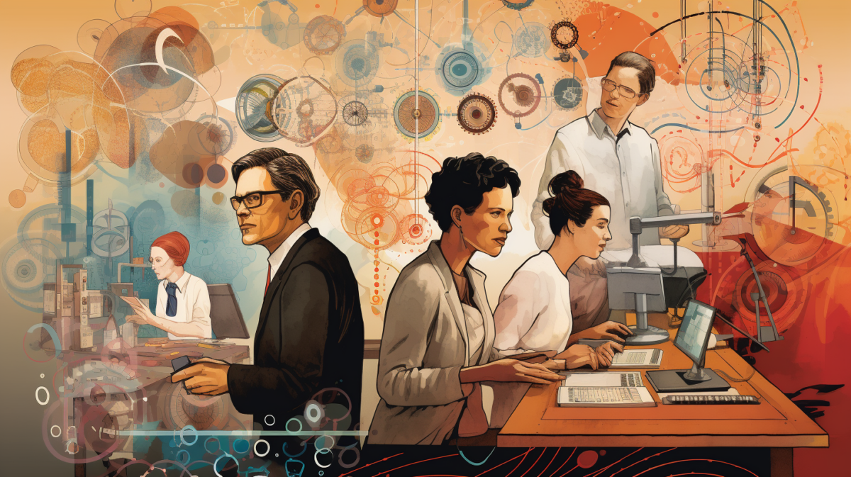 AI illustration showing several scientists at work.