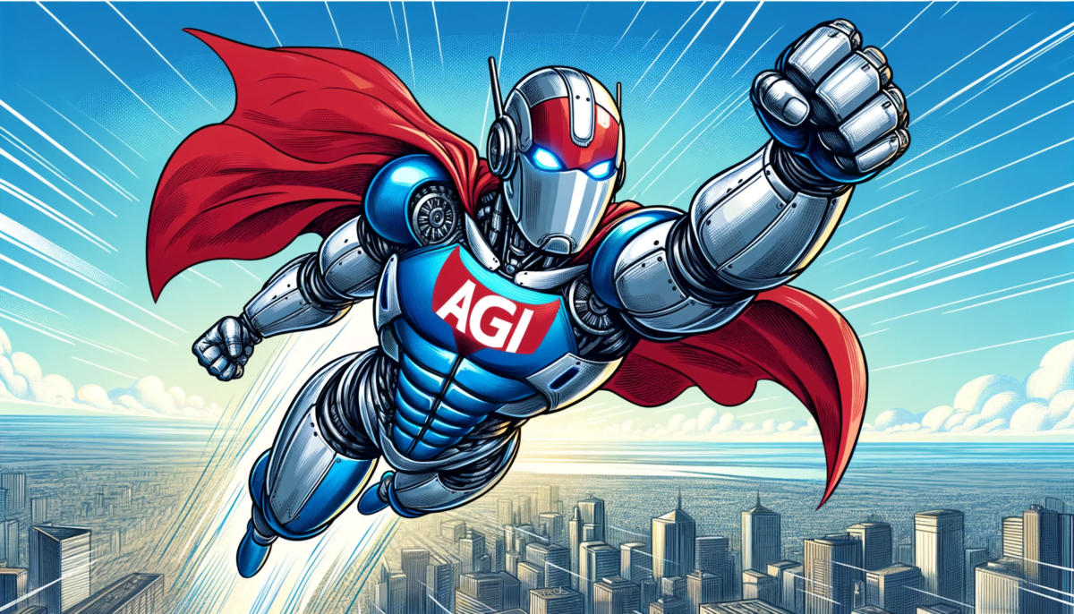 Illustrate a widescreen image of a robot in a superhero pose, flying with its fists forward. The robot has a sleek, modern design with a metallic finish and is dressed in a superhero outfit that includes a bright blue body suit and a red cape billowing in the wind. The focal point is the chest area, where 'AGI' is written in large, bold letters, resembling a superhero emblem. The background features a sprawling metropolis below, suggesting the robot is soaring above the city. The sky is a brilliant blue, and the image is rendered in a hand-drawn style that is clean and visually striking, ensuring the 'AGI' emblem is prominently displayed and unambiguous.
