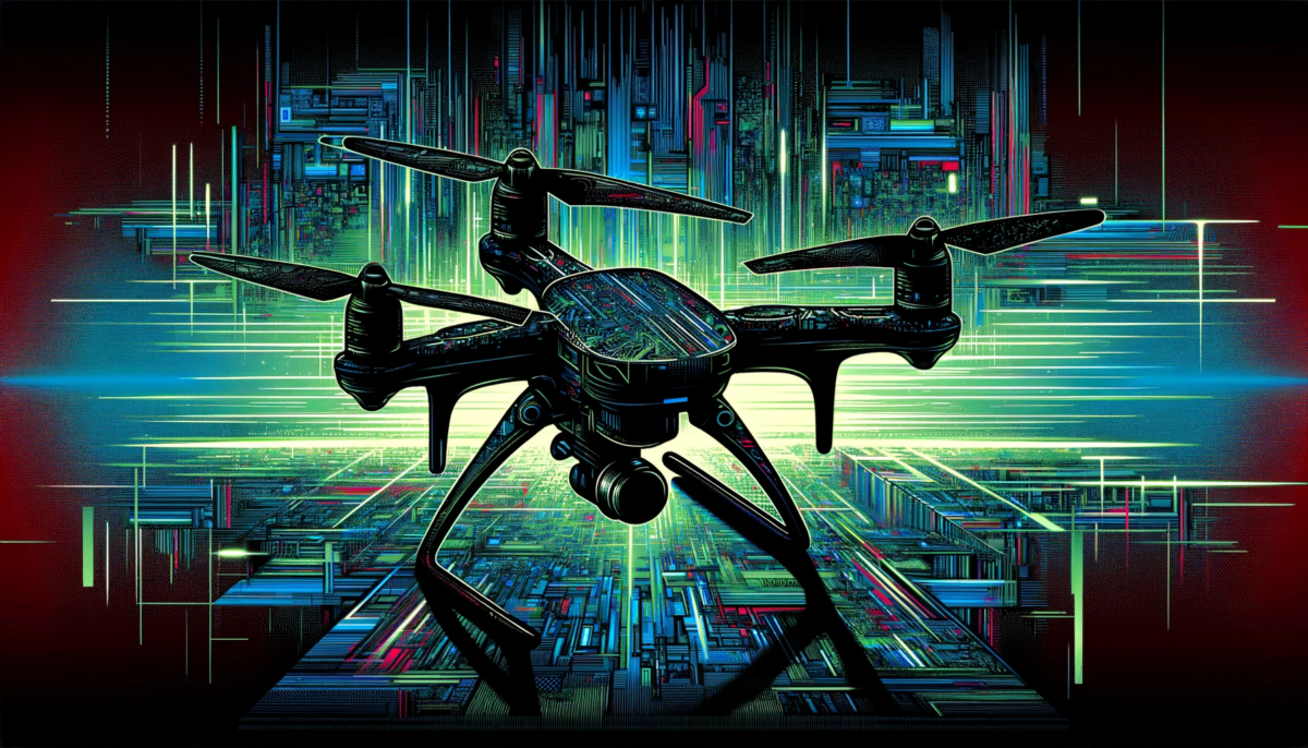 A highly enhanced and visually striking widescreen illustration in the style of 'The Verge', featuring a drone in a glitchy, computery, and silhouette theme. This version dramatically amplifies the digital and glitchy effects, creating a captivating visual experience. The drone is intricately detailed with complex digital patterns, resembling circuitry and data streams, and is set against a backdrop of a fragmented digital landscape that is both stark and visually complex. The color palette is a blend of deep blacks, vibrant neon blues and greens, adding depth and vibrancy to the scene, creating a striking contrast between the silhouette and the vivid digital environment.