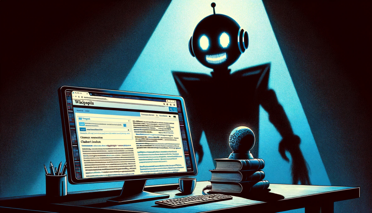Create a widescreen, hand-drawn illustration in a modern digital art style that depicts a scene where a chatbot-like robot's shadow ominously looms over a computer screen displaying Wikipedia. The chatbot robot should have features like a digital screen face and keyboard-like elements, giving it a distinctive 'chatbot' appearance. The setting is a dimly lit room, with the computer screen brightly showing various Wikipedia pages. The shadow should clearly resemble the chatbot, enhancing the narrative of a chatbot coming for Wikipedia, with a focus on the striking contrast and a slightly futuristic, dramatic atmosphere.