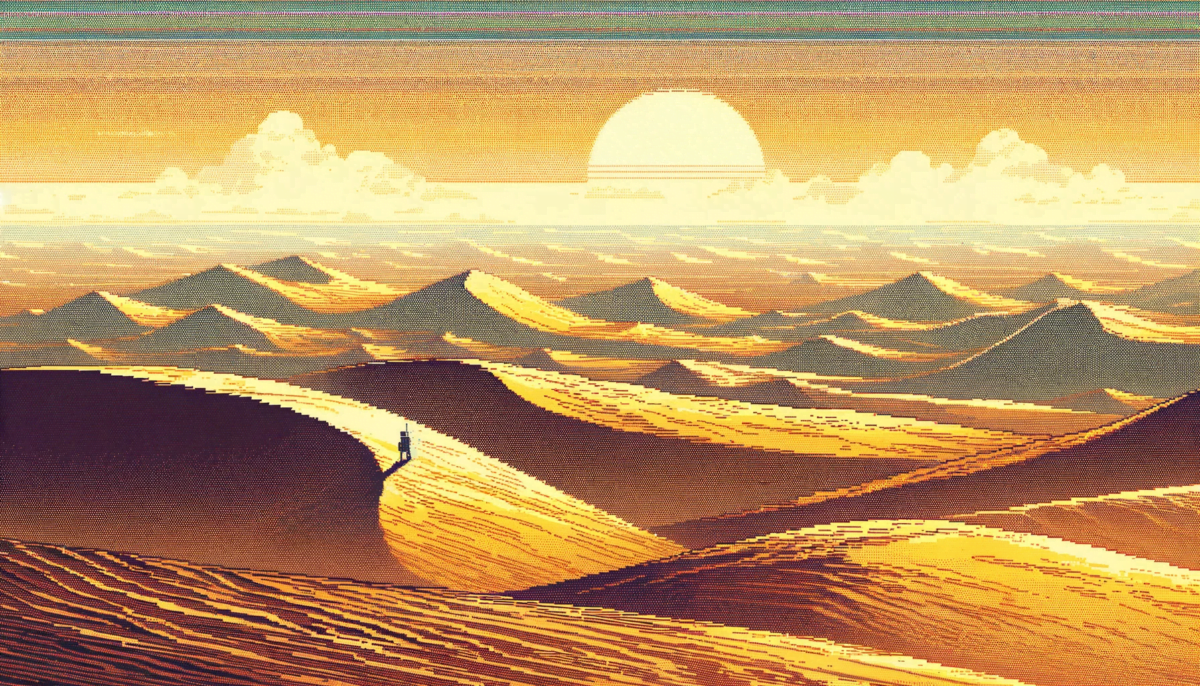 Illustrate a hand-drawn widescreen image of the Gobi Desert with a glitch aesthetic. The desert should have rolling dunes with a rough, textured appearance, reflecting a barren, expansive atmosphere. The color palette should feature sandy yellows, muted browns, and dusty oranges, with digital glitch effects like pixelation, data moshing, or color channel shifts to create a surreal vibe. Near the horizon line, a tiny robot, no bigger than a speck compared to the vast dunes, walks alone. The robot should be minimally detailed, almost silhouette-like, to emphasize its insignificance in the vast landscape.