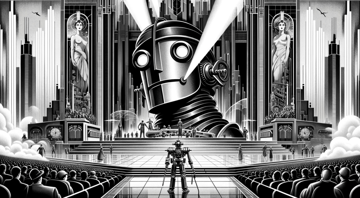 An advanced, full-screen, edge-to-edge widescreen illustration of a classic cinematic scene from the movie 'Metropolis', closely resembling the original style of the movie. The image should depict the iconic Metropolis robot with even greater accuracy to the original design, capturing its unique features and the essence of the 1920s film aesthetic. The background should mirror the original movie's futuristic cityscape, with art deco elements, and a monochromatic color scheme with subtle hues. This rendition aims to blend the classic feel of the 1920s German Expressionist cinema with a touch of modern artistic finesse, resulting in a visually captivating and authentic portrayal of the movie's atmosphere.