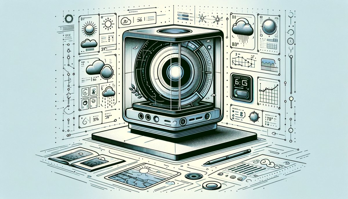 Create a widescreen, hand-drawn illustration that presents a stylish and clean artificial intelligence weather station. The design should emulate the aesthetic found in 'The Verge' illustrations. The weather station should look sophisticated and modern, featuring streamlined shapes and a minimalist approach to detail. The station includes interfaces and displays that subtly hint at its capabilities in predicting weather elements like temperature, wind, and precipitation. The overall feel of the image should be cool and contemporary, with a limited color palette and emphasis on form and function, resonating with the innovative nature of an AI-powered weather forecasting system.