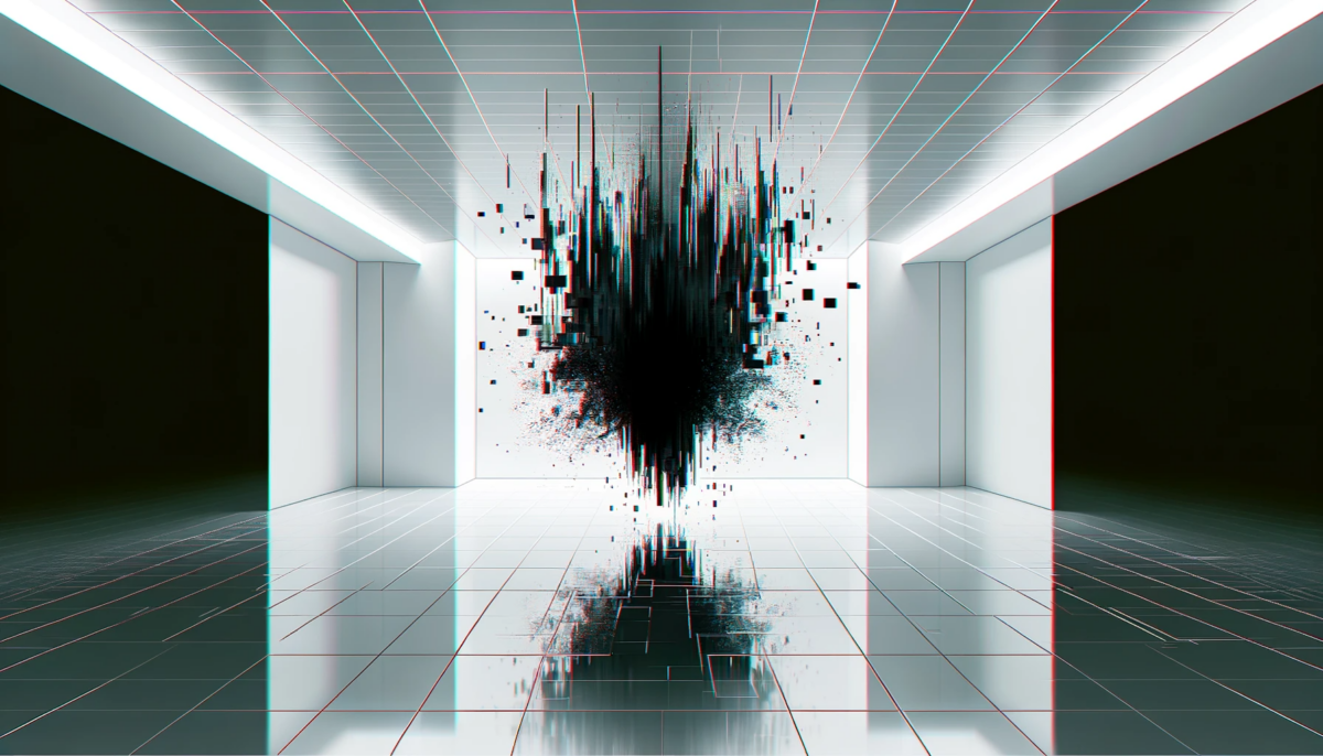 A hand-drawn, glitch aesthetic illustration in a 16:9 format, depicting a huge dark crack in the center of a bright white room, reminiscent of the Matrix style. The room is stark and minimalistic, with smooth walls and a sleek, reflective floor. The dark crack, situated in the center of the room, creates a strong contrast against the white surroundings. It appears as if digital corruption is emanating from the crack, with pixelated fragments and static-like distortions around its edges, enhancing the glitch effect.