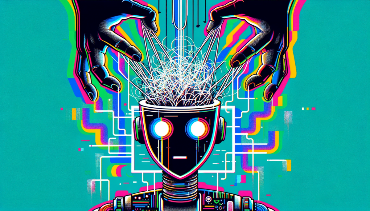 Create a widescreen illustration with a sharp glitch aesthetic that highlights vivid color contrasts. Center the image on a clear representation of a chatbot and use visual cues such as a screen, circuitry or digital motifs to convey its artificial nature. The chatbot's "head" should be encased in a jumble of white glitch-inspired lines to symbolize confusion or turmoil. Above the chatbot, two black hands with white outlines should be depicted in a puppeteer-like pose, seemingly causing or interacting with the chatbot's confused state. The background should be a single bright color to highlight the character and glitch elements and illustrate a digital psychological struggle.