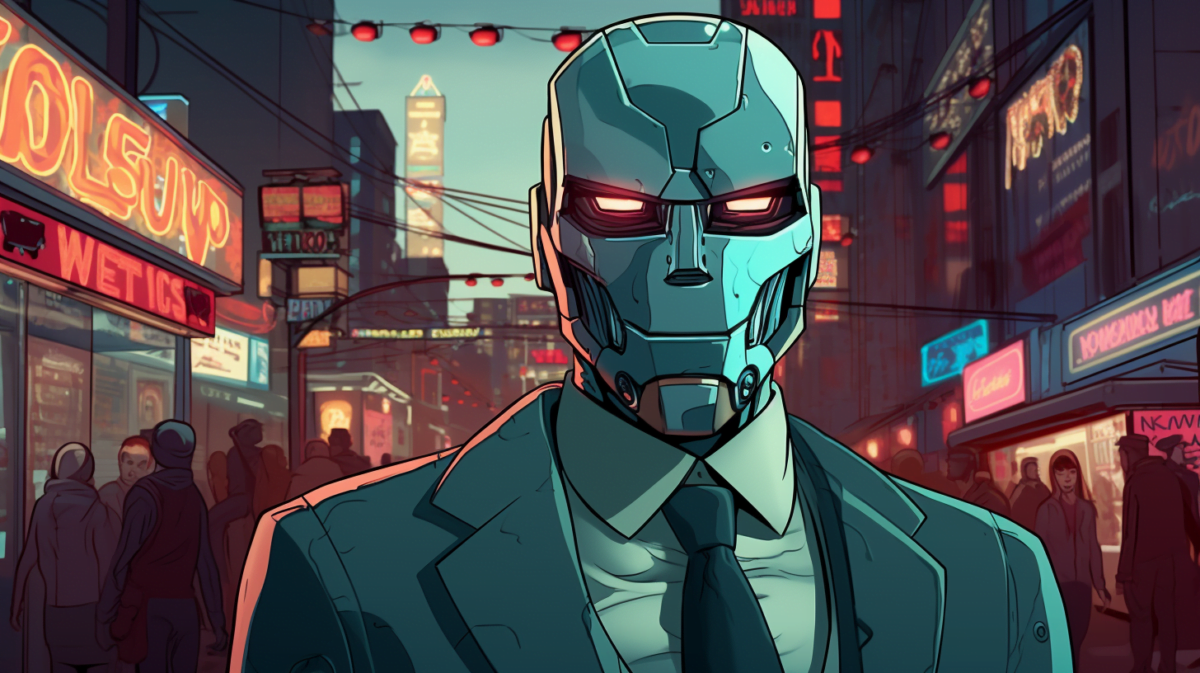 a robot chatbot in the style of Grand Theft Auto 5 loading screens comic