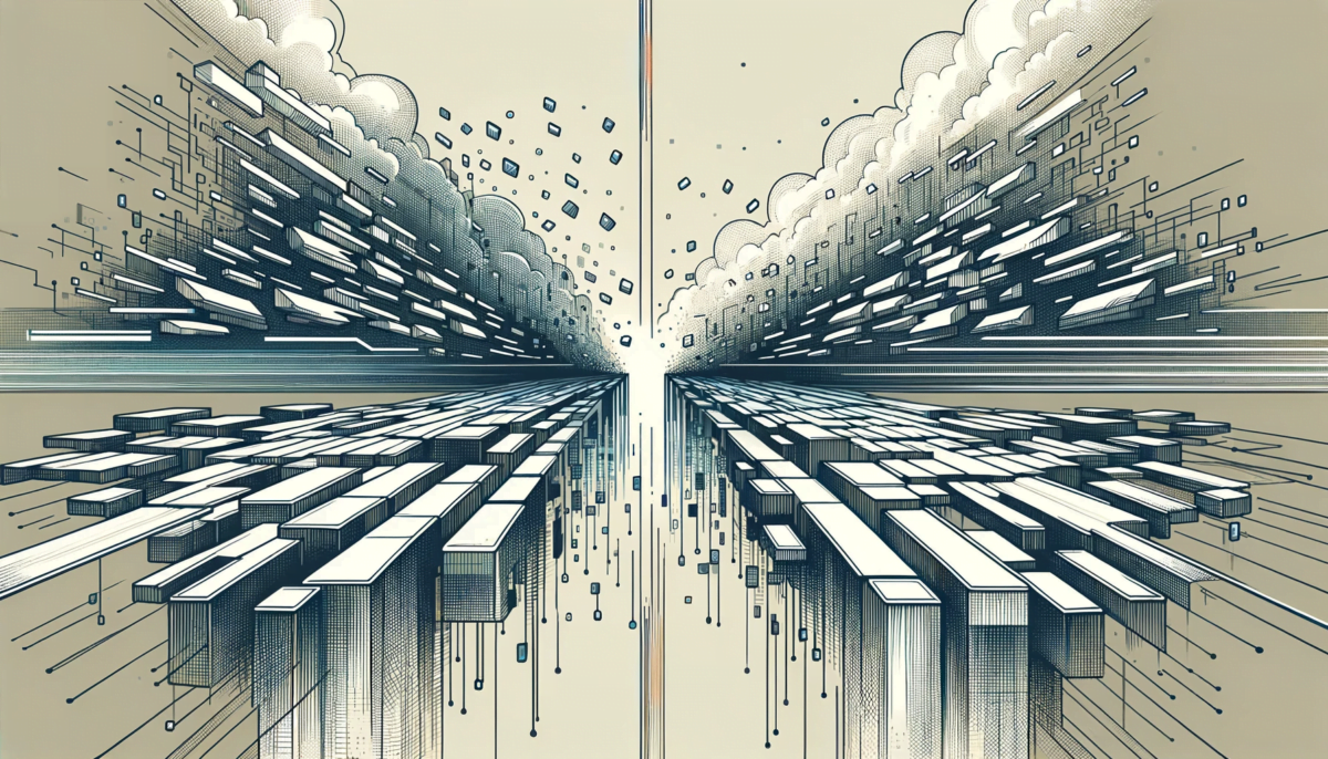 A widescreen illustration in a hand-drawn style, depicting a digital bridge composed of data blocks. The bridge is designed to be parallel, running from left to right, and broken in the middle to create a clear, horizontal gap. Rendered in 'The Verge' style, the illustration features crisp, modern lines and a contemporary aesthetic. Small data packets are shown falling through the horizontal gap into a digital abyss beneath, which is visualized in a glitch art style, emphasizing digital disconnection and data loss. This design combines advanced digital concepts with traditional drawing techniques, highlighting the gap as if the bridge is cleanly split in half.