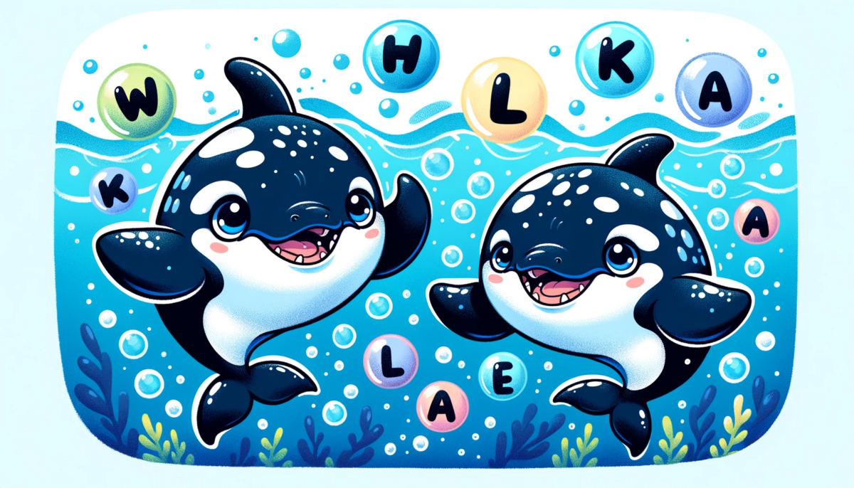 Wide, hand-drawn style illustration of two whimsical, non-specific cartoon orcas swimming in a vibrant blue ocean. They should be distinct from any known western characters, featuring unique designs. The orcas are waving cheerfully at the camera, with exaggerated, playful expressions. Around them, bubbles are floating up, each containing a different letter from the alphabet. The ocean should look inviting and lively, emphasizing a sense of joy and imagination in the scene.