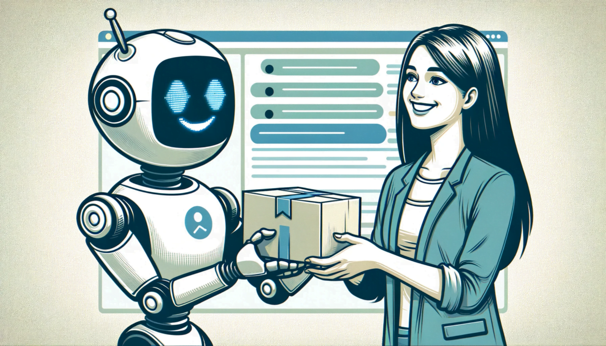 A hand-drawn, widescreen illustration depicting a scene where a chatbot, characterized by a sleek, modern, humanoid robot with a friendly expression, is happily handing over a data package to a user. The user is portrayed as a pleased individual of indeterminate descent and gender, dressed in smart casual attire. The background should be minimalistic and stylish, emphasizing the interaction between the chatbot and the user. The overall atmosphere of the illustration is clean, contemporary, and joyful, with a focus on the positive interaction between technology and humans.