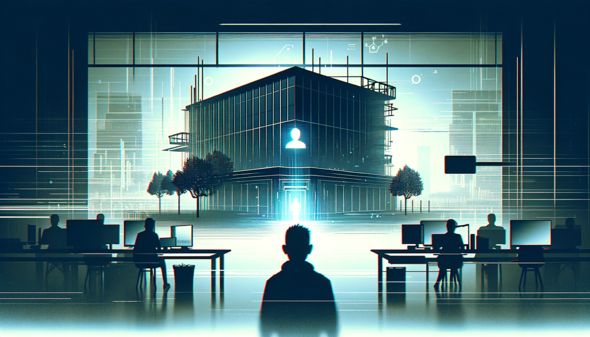 A more sleek and minimalist widescreen illustration, with a style reminiscent of The Verge, depicting a mysterious AI start-up. The image should have fewer details for a cleaner look. Add a glitch effect for a modern, digital ambiance. The silhouette of the start-up office is more pronounced against a simpler background. The color palette is restricted to cool tones like blues and grays, enhancing the high-tech atmosphere. The glitch effect subtly distorts the image, adding a sense of digital disruption and mystery.