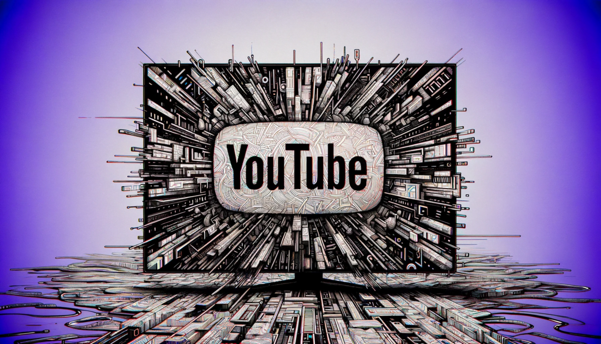 A widescreen, hand-drawn illustration depicting an abstract glitch digital data stream. This composition should showcase a high-tech aesthetic, filled with complex binary patterns. Within this digital data flow, the YouTube logo is subtly integrated. It should appear as a nuanced and seamlessly blended element of the overall digital scenery, rather than being prominently highlighted. The emphasis is on the harmonious integration of the logo within the intricate patterns of the digital stream.