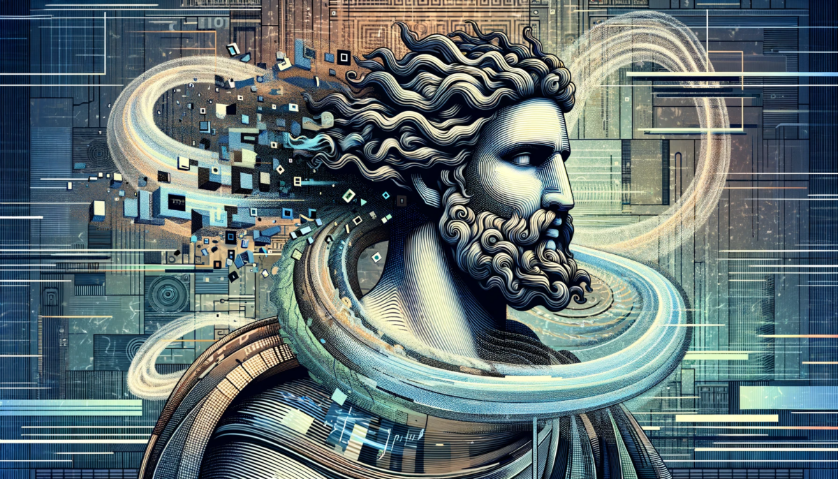 Widescreen illustration of Zephyrus, the Greek god of the west wind, depicted with an intensified technical computer style and more pronounced glitch effects. The image shows Zephyrus with a digitized appearance, resembling a figure emerging from a computer screen. His form is composed of pixelated patterns and digital lines, creating a strong sense of a technical glitch. Swirling winds and breezes around him are visualized as streams of binary code and abstract digital elements, enhancing the technical theme. The background is a fusion of ancient Greek art and complex digital patterns, emphasizing the blend of mythology and modern digital art.