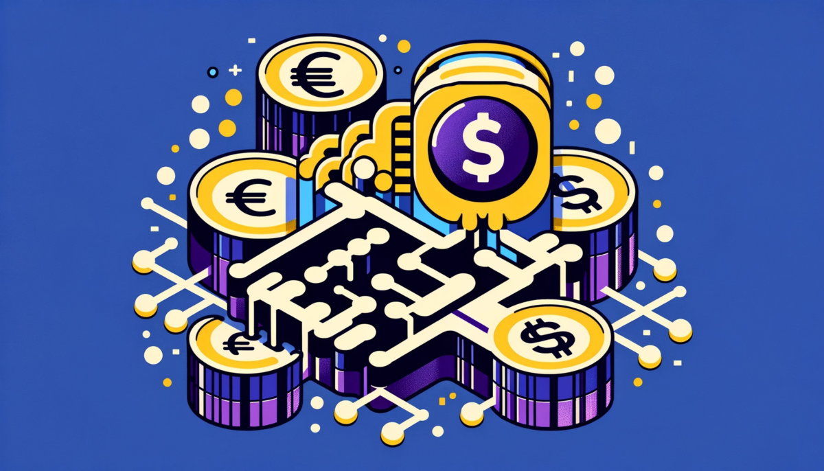 AI illustration with blue background, euro and dollar coins in connection with a large language model.